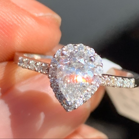 Platinum Pear Cut Halo Diamond Ring - Picture 4 of 15